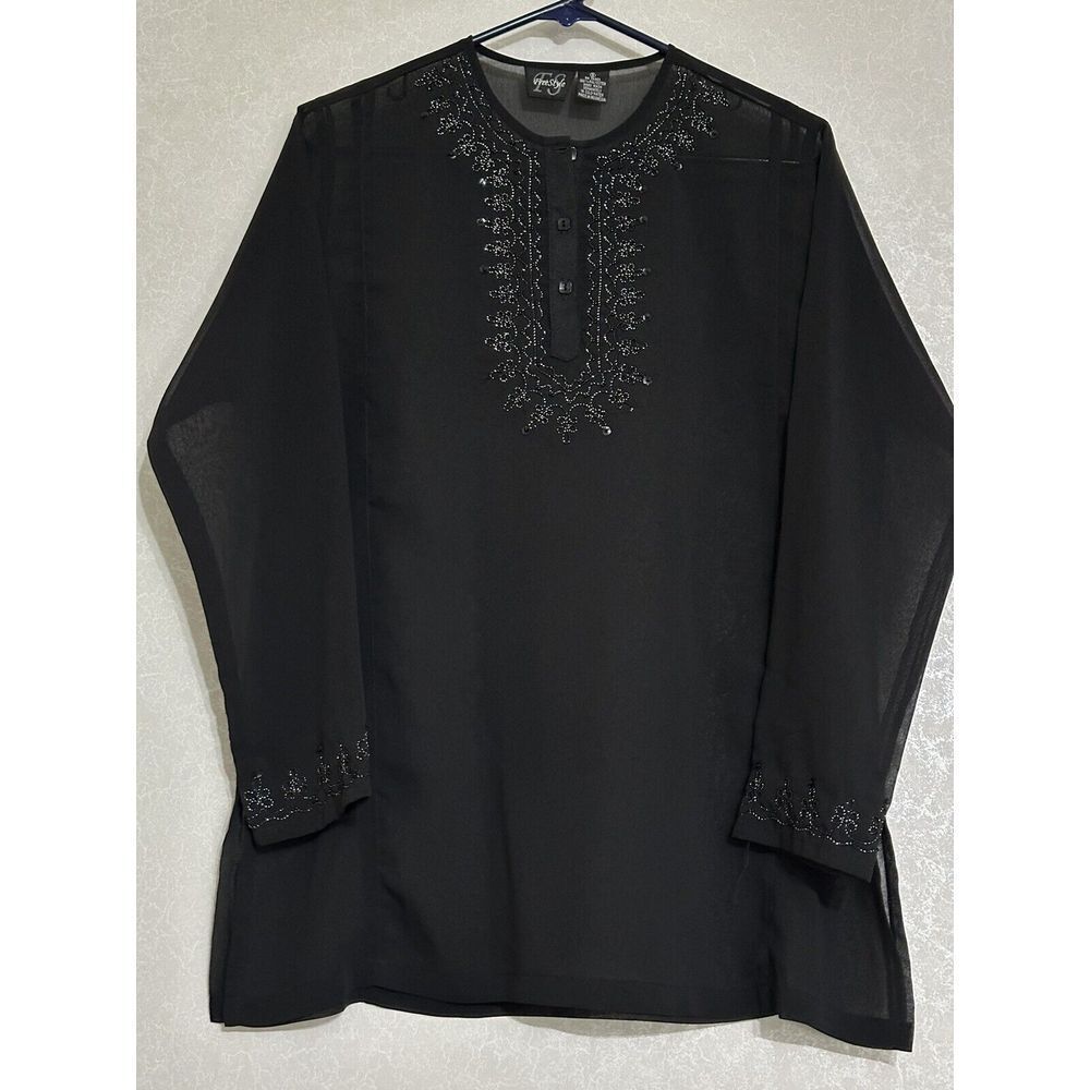 FreeStyle Tunic Black Beaded Embroidered Sheer‎ Boho Whimsigoth Oversized S / M